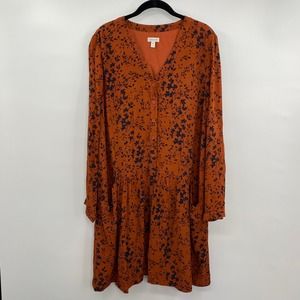 Garnet Hill Mini Shirt Dress Drop Waist Button Front Floral Print Rust Navy 16